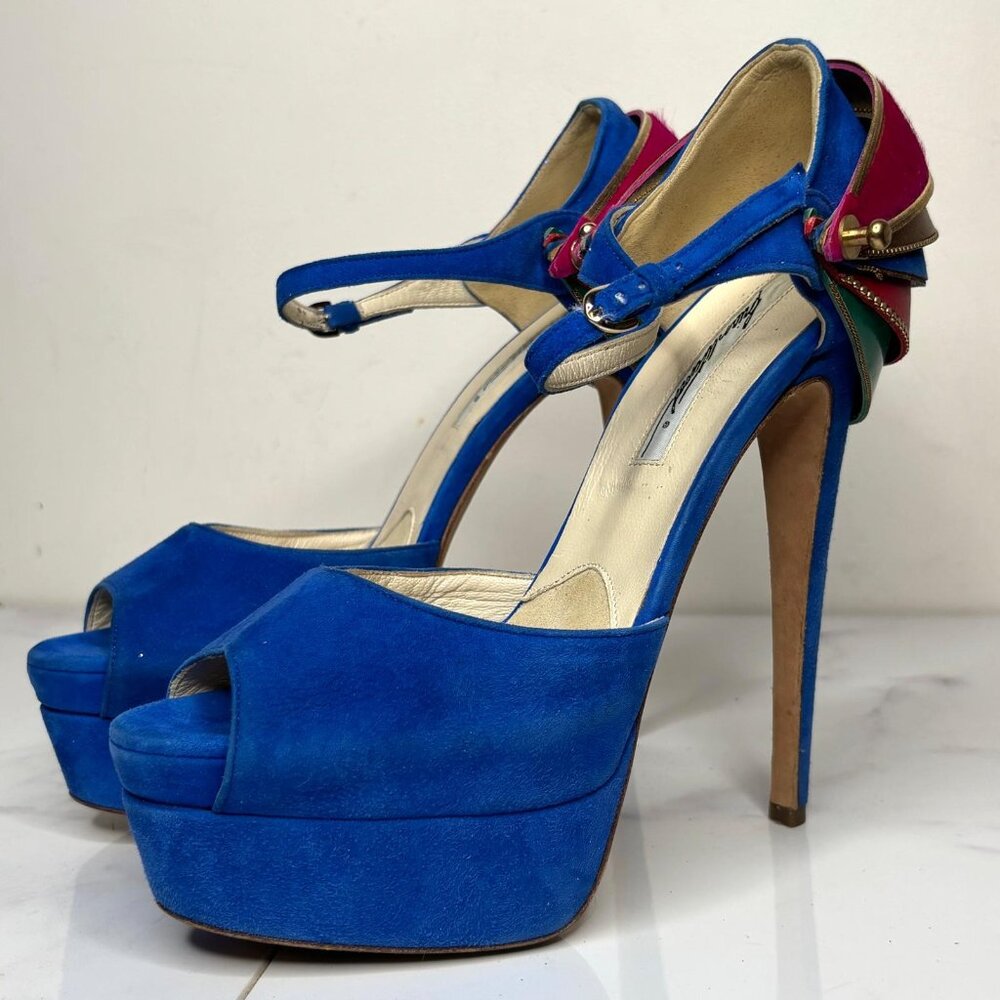 Brian Atwood TRIBECA Cuffed Blue Suede Platform Heels Multicolor Ankle Strap 37 - Picture 5 of 12
